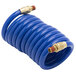 A blue T&amp;S coiled hose with brass fittings.