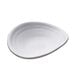 A white oval melamine plate with curved edges.