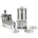A Robot Coupe commercial food processor with a stainless steel bowl, lid, and disc.