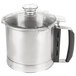 A silver stainless steel Robot Coupe food processor with a clear lid.
