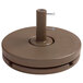 A brown plastic Grosfillex umbrella base ring with a screw.