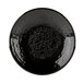 A black Elite Global Solutions Pebble Creek melamine plate with a textured surface and a black rim.