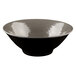 A black melamine bowl with a white rim on a white background.
