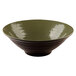 An Elite Global Solutions Lizard-colored melamine bowl with a green and black rim.