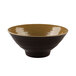 A brown melamine bowl with a yellow rim.