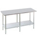 A stainless steel Advance Tabco work table with a galvanized steel shelf.