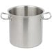 A large stainless steel Vollrath stock pot with two handles.