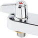 A chrome Equip by T&S deck mount faucet base with a swing outlet.