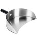 A silver stainless steel catch pan with a black handle.