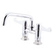 A chrome Equip by T&S deck-mounted faucet with wrist handles and a swing spout.