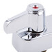 A chrome Equip by T&S deck mounted faucet with lever handles and a red button on the end of the spout.