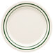 A white plate with green lines on the rim.