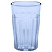 A clear plastic tumbler with a blue rim.