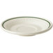 A white saucer with green trim.