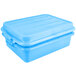 A Vollrath Traex blue plastic food storage drain box with a snap-on lid.