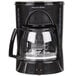 A black Proctor Silex coffee maker with a glass pot and white lid.