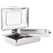 A Tablecraft stainless steel chafer with glass lid open on white surface.