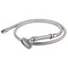 A T&S stainless steel wall mounted pot filler faucet hose with a grey 4-arm handle.