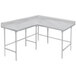 A white stainless steel L-shaped work table with two legs.