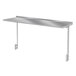A silver rectangular stainless steel shelf with hooks.