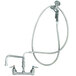 A T&S wall mounted pre-rinse faucet with angled spray and hose.