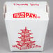 A white Fold-Pak take-out container with red and white pagoda print.