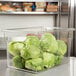 A clear plastic Cambro food storage box filled with lettuce.