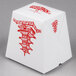 A white Fold-Pak take-out container with red designs.