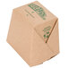 A close-up of a brown Fold-Pak Earth cardboard take-out container with green text.