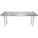 A stainless steel table with a rear mounted silver shelving unit.