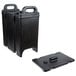A black plastic Cambro insulated soup carrier with handles and a buttoned black plastic cover.