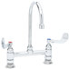 A T&S chrome deck-mounted faucet with two wrist-action handles and a gooseneck spout.