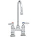 A chrome T&S deck-mounted faucet with gooseneck nozzle and lever handles.