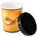 A black and white Huhtamaki paper soup cup with a vented paper lid.