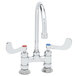 A T&S deck-mounted surgical sink faucet with two gooseneck spouts and wrist action handles.