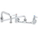 A chrome T&S wall mount faucet with two handles and an 18" double joint nozzle.