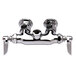 A T&S chrome wall mounted pantry faucet base with two handles and a swivel outlet.