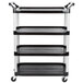 A black Rubbermaid maintenance cart with four shelves and open sides.