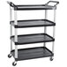 A black Rubbermaid four shelf cart with open sides and wheels.