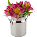 An American Metalcraft stainless steel milk can creamer with pink flowers.