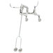 A T&S chrome wall mount mop sink faucet with wrist action handles, lower support, and inlet extension.