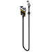 A T&S black hose with yellow and white objects attached to a yellow and white faucet.