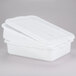 A stack of white Tablecraft plastic freezer safe drain boxes with lids.