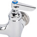 A T&S polished chrome wall mount service sink faucet with blue and white handles.