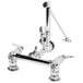 A T&S polished chrome wall mount faucet for a mop sink with two handles and a hose.