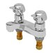 Two chrome T&S metering faucets with brass handles on a white background.
