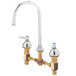 A chrome T&S deck mount faucet with 8" adjustable centers, a 9" swing nozzle, and escutcheons.