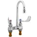 A chrome T&S deck mount medical faucet with two gooseneck spouts and wrist action lever handles.