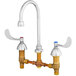 A T&S deck mount medical faucet with gooseneck and wrist action handles.