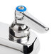 A T&S chrome deck-mount workboard faucet with a 6" swing nozzle and blue handles.